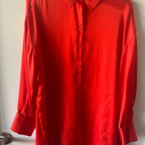 Zara Red Satin Oversized Button-Up Blouse ❤️ Valentine’s Day Chi